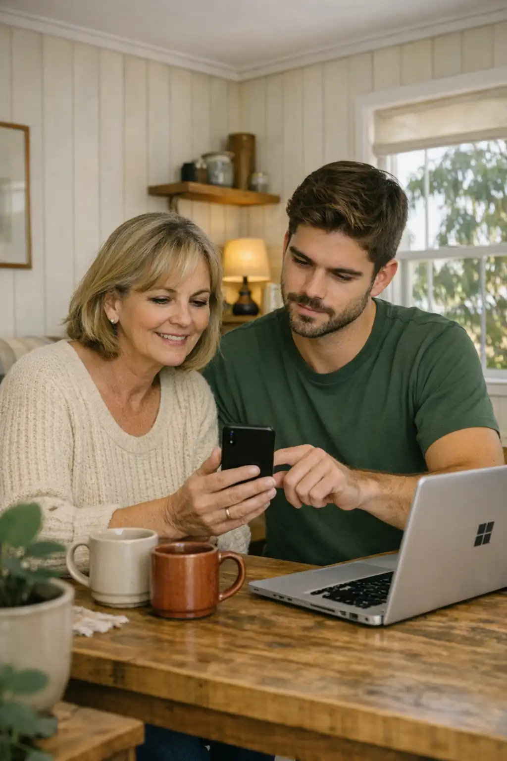 A HeyTech technician helping a customer with their phone at their home in Hobart.