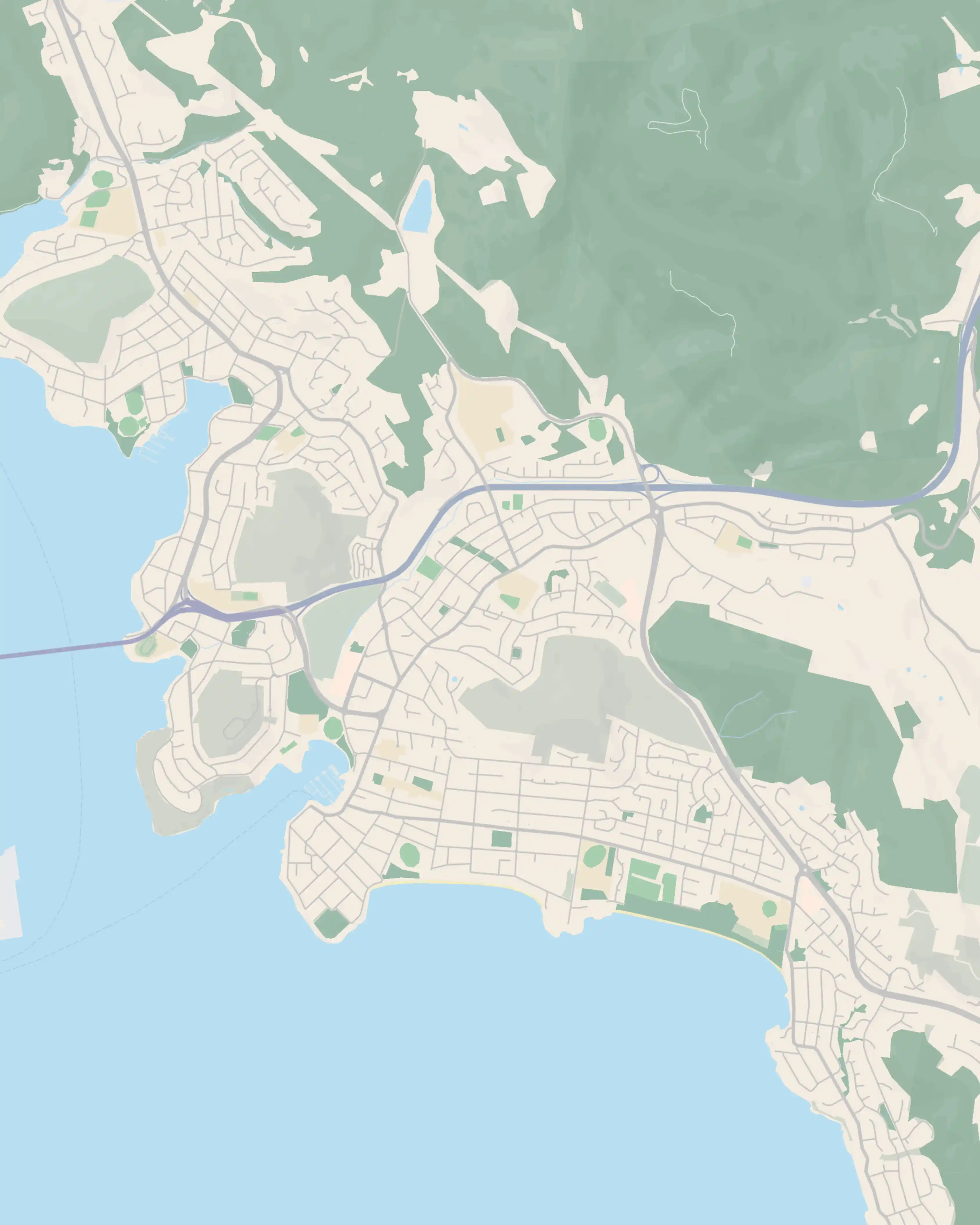 Illustrated map of Bellerive and the eastern shore — showing the Tasman Bridge landing, the Boardwalk, Bellerive Oval, plus Rosny, Lindisfarne and Montagu Bay either side.